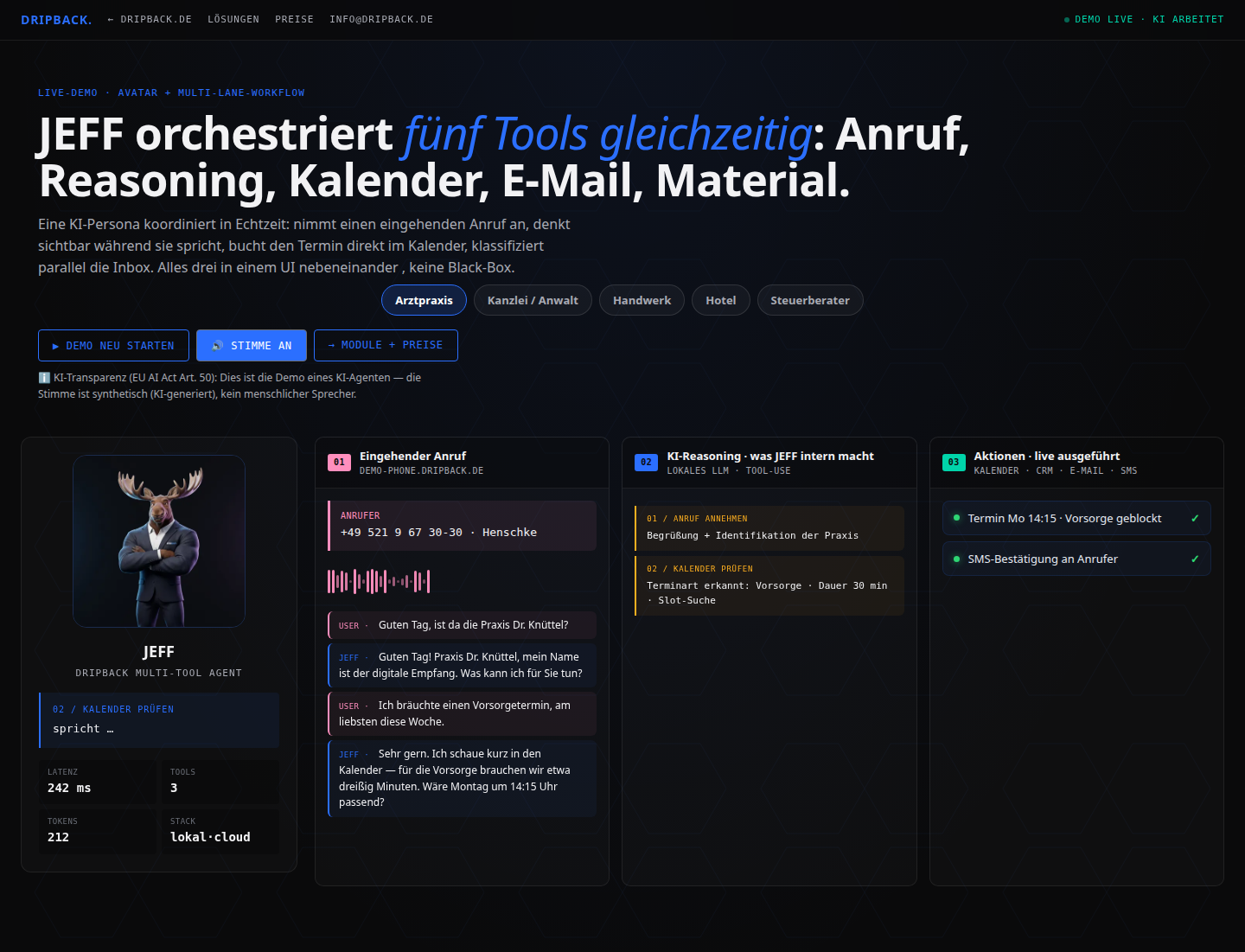 Kapitel 1: JEFF orchestriert Anruf, Reasoning und Kalender live — Demo-Ansicht mit Maskottchen